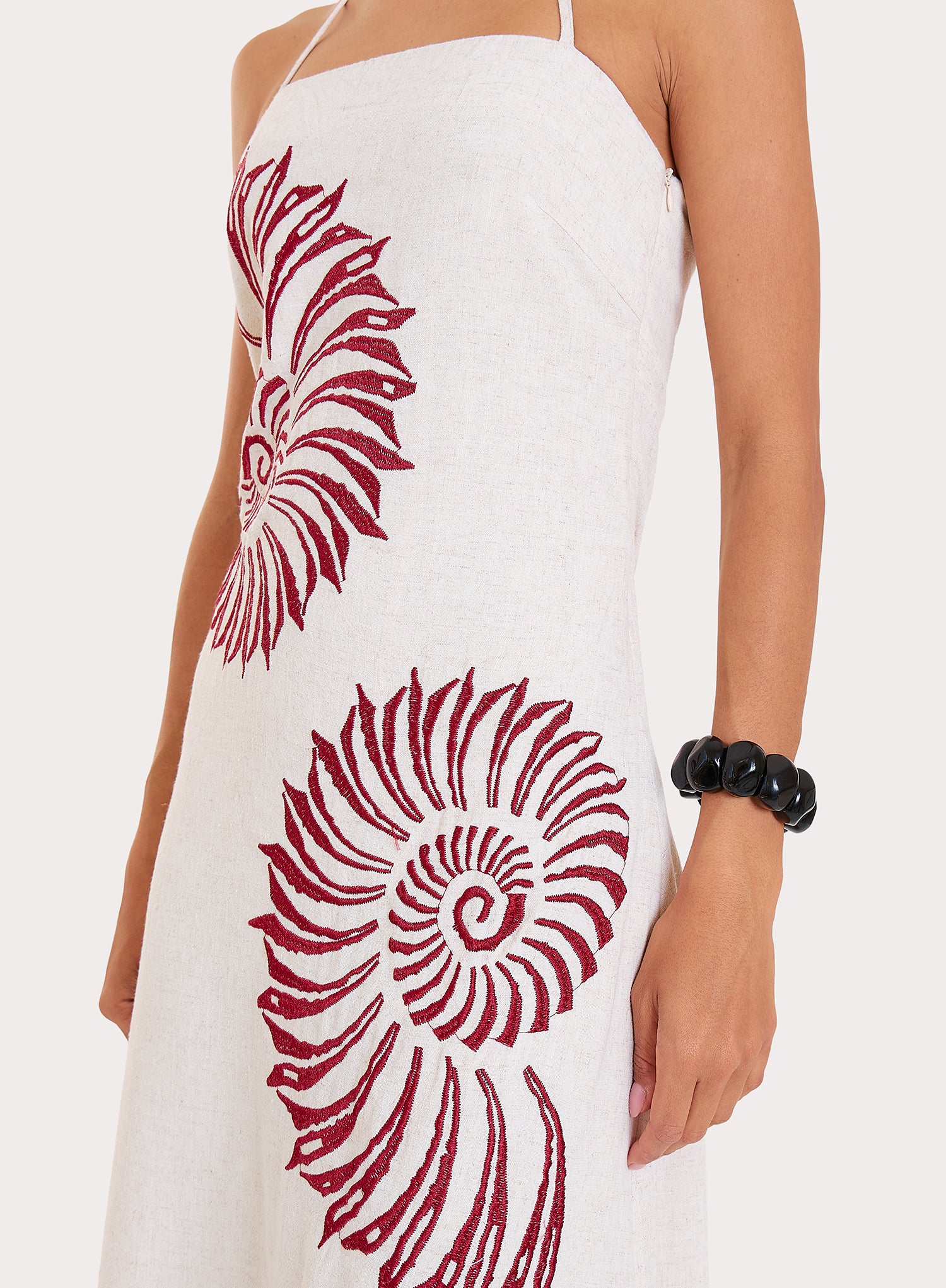 Cream Linen Blend Embroidered Shell Halterneck Maxi Dress